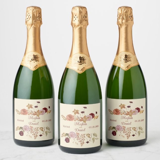 Rustic Autumn Floral Pumpkin Sparkling Wine Label (Bottles)