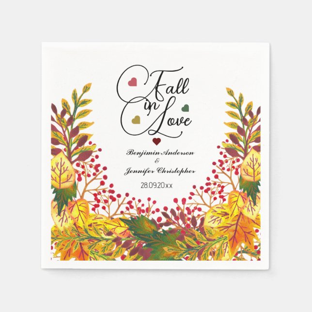 Rustic Autumn Floral  Script Fall in Love Wedding  Napkin (Front)