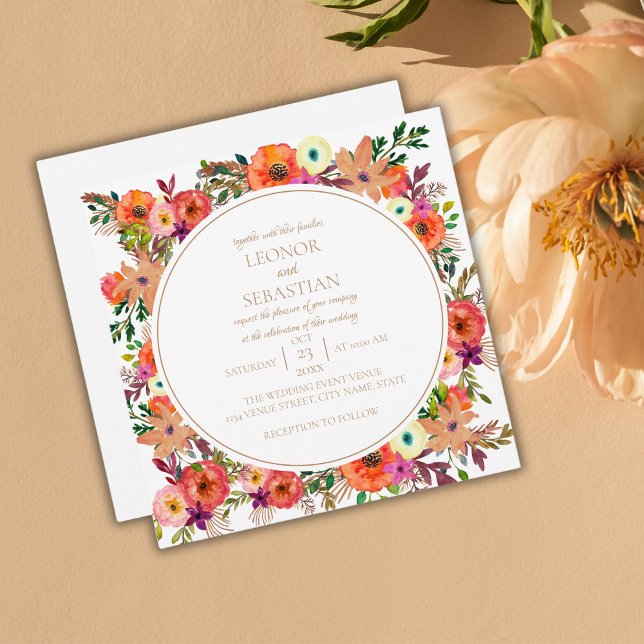 Rustic Autumn Floral Square Wedding Invitation (Creator Uploaded)