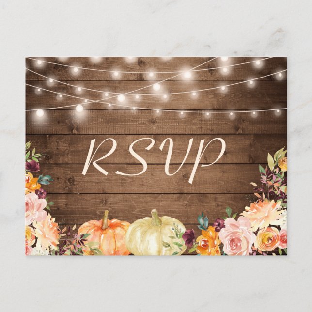 Rustic Autumn Floral String Lights Wedding RSVP Invitation Postcard (Front)