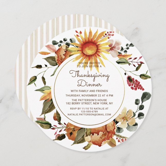 Rustic Autumn Floral Thanksgiving Dinner Invitation (Front/Back)