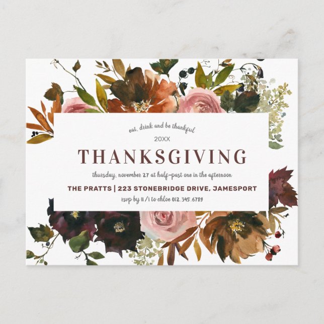 Rustic Autumn Floral Thanksgiving Dinner Invitation Postcard (Front)