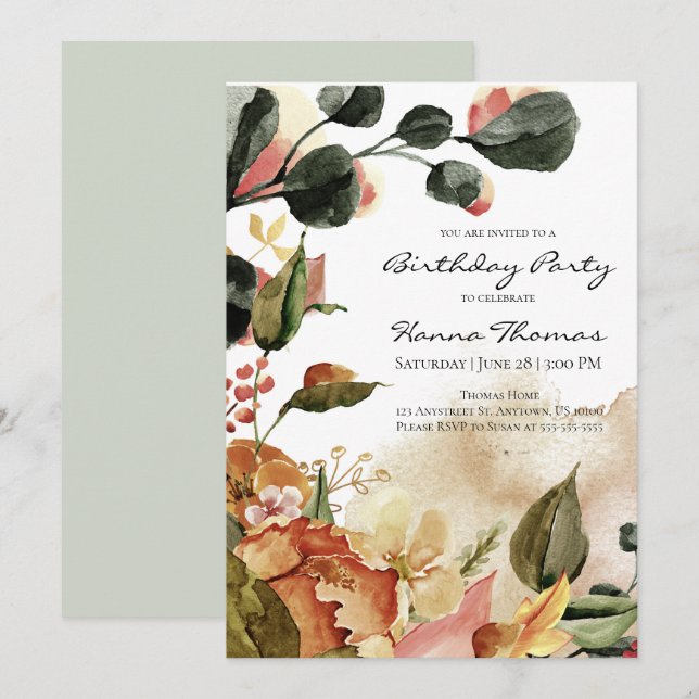 Rustic Autumn Floral Watercolor Birthday Invitation (Front/Back)
