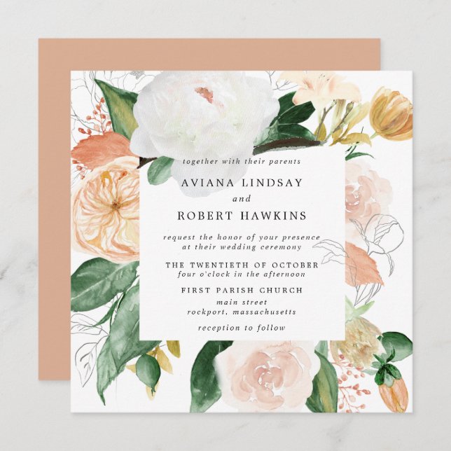 Rustic Autumn Floral Watercolor Wedding Invitation (Front/Back)