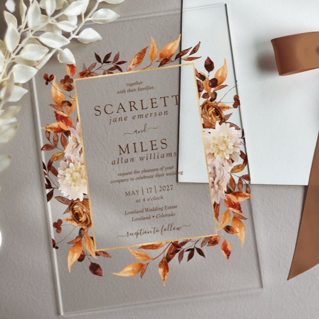 Rustic Autumn Floral Wedding Acrylic In Acrylic Invitations (Rustic Boho Fall Wedding Acrylic Invitations by Painted Paperie
)