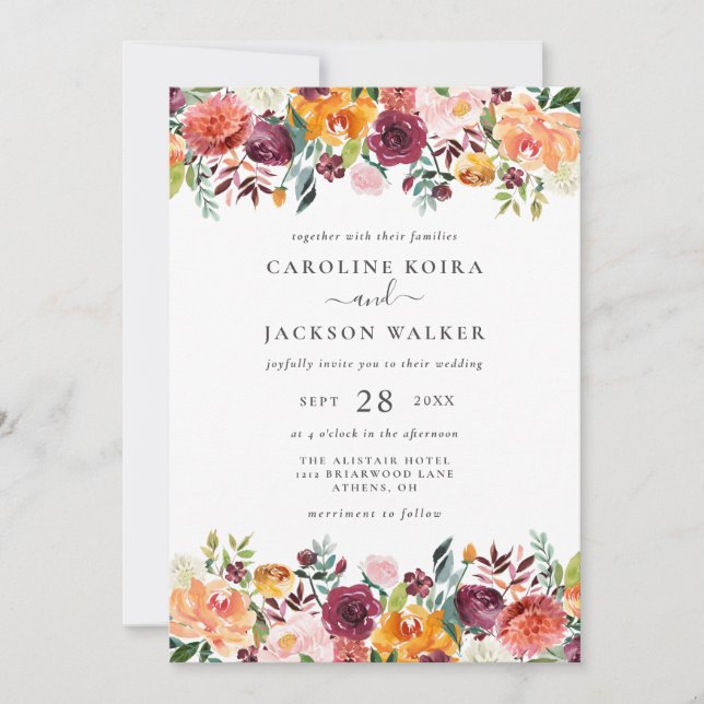 Rustic Autumn Floral Wedding Invitation (Front)
