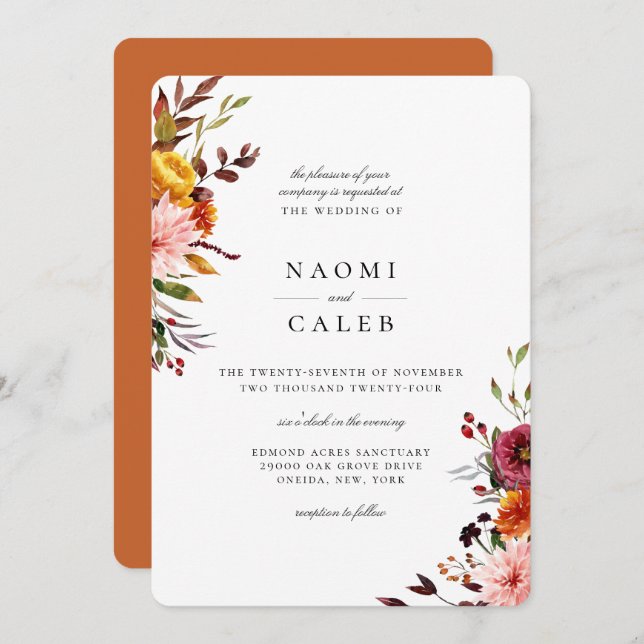 Rustic Autumn Floral Wedding Invitation (Front/Back)