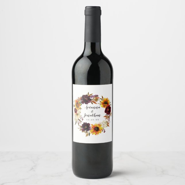 Rustic Autumn Floral Wedding  Wine Label (Front)