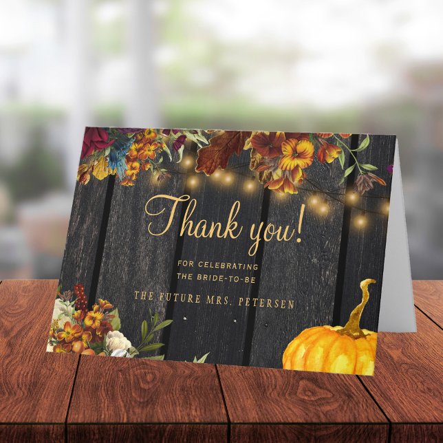 Rustic autumn floral wood script bridal shower thank you card (Creator Uploaded)