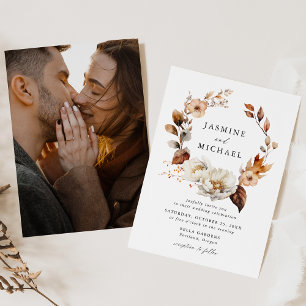 Rustic Autumn Floral Wreath Photo Wedding Invitation