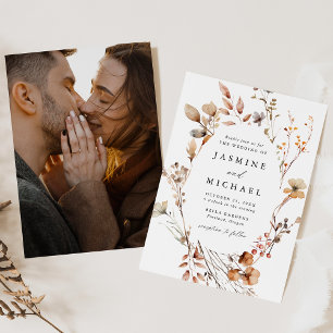 Rustic Autumn Floral Wreath Photo Wedding Invitation