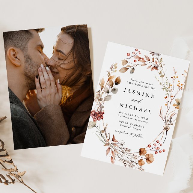 Rustic Autumn Floral Wreath Photo Wedding Invitation (Creator Uploaded)
