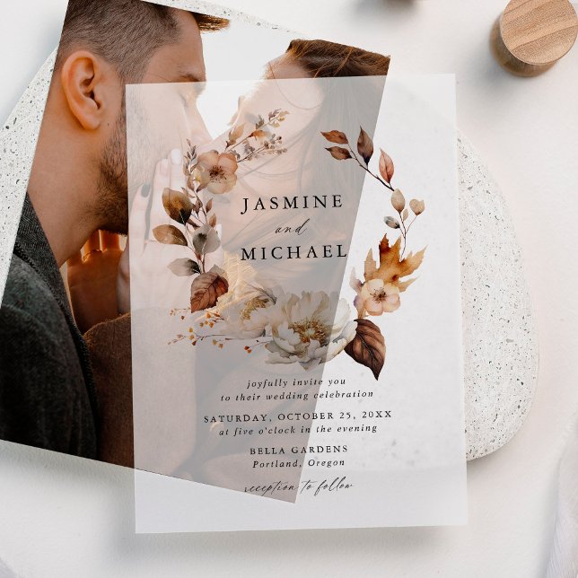 Rustic Autumn Floral Wreath Wedding Vellum Invitations (Creator Uploaded)