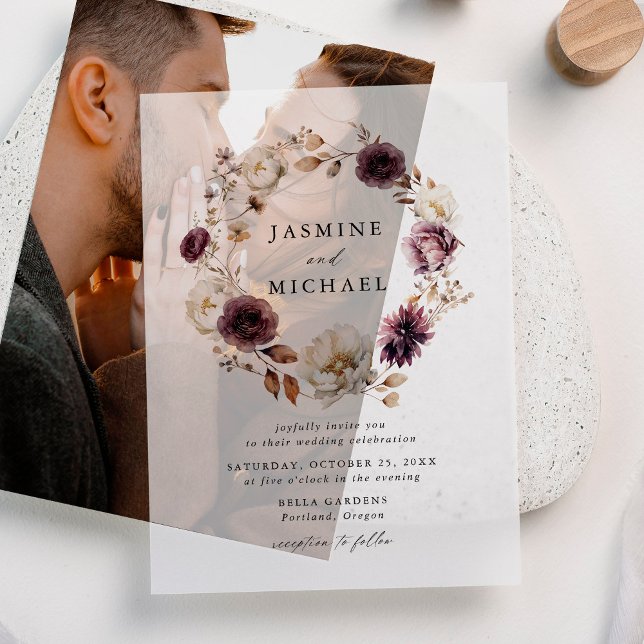 Rustic Autumn Floral Wreath Wedding Vellum Invitations (Creator Uploaded)