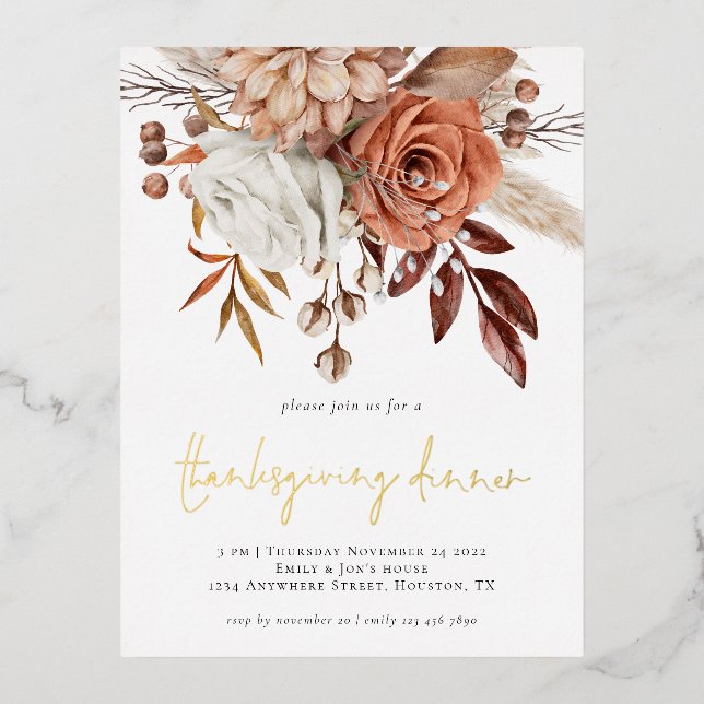 Rustic Autumn Florals Terracotta Thanksgiving  Foil Invitation Postcard (Front)