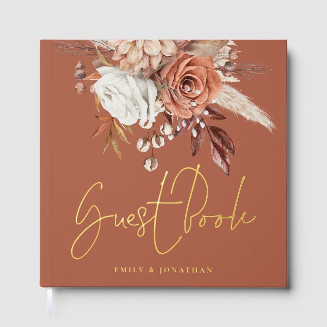 Rustic Autumn Florals Wedding Terracotta Real Foil Guest Book (Front)