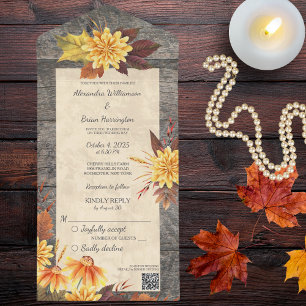 Rustic Autumn Flowers on Wood with QR Code All In One Invitation