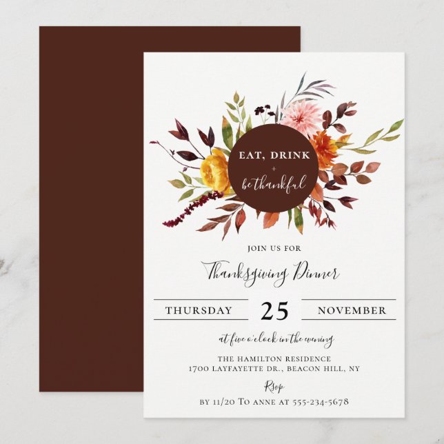 Rustic Autumn Foliage Thanksgiving Dinner Invitation (Front/Back)