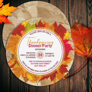 Rustic Autumn Foliage Thanksgiving Dinner Party Invitation