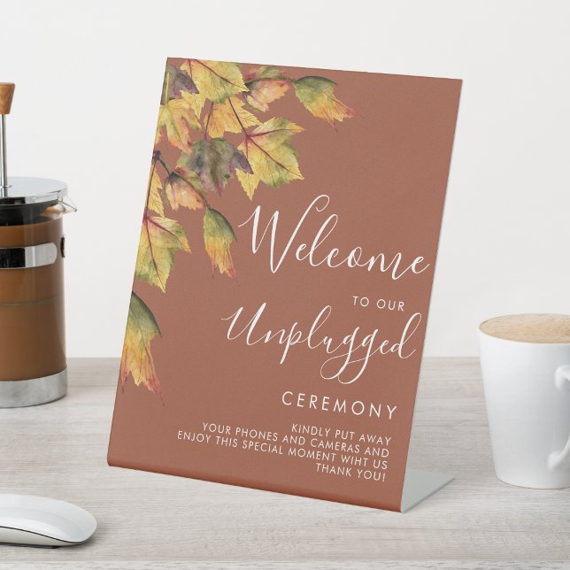 Rustic Autumn Foliage Wedding Unplugged Ceremony  Pedestal Sign (Creator Uploaded)