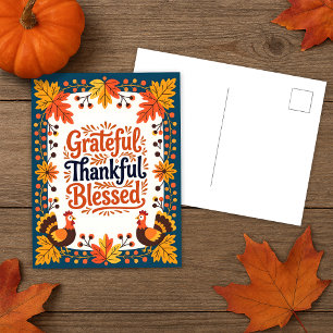 Rustic Autumn Folk Art Grateful Thankful Blessed  Postcard