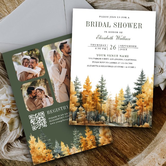 Rustic Autumn Forest Photo QR Code Bridal Shower Invitation (Creator Uploaded)