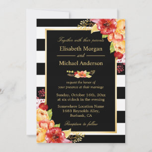 Rustic Autumn Gold Red Floral Stripes Fall Wedding Invitation