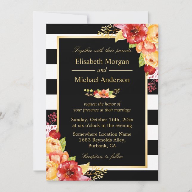 Rustic Autumn Gold Red Floral Stripes Fall Wedding Invitation (Front)