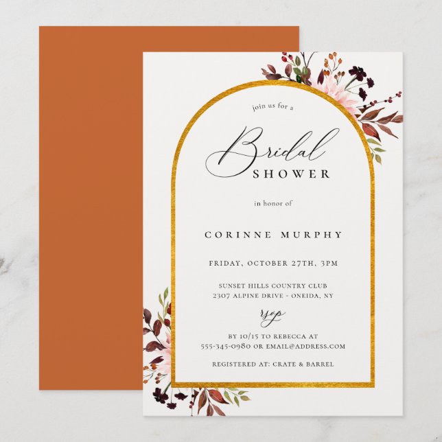 Rustic Autumn Golden Frame Bridal Shower Invitation (Front/Back)