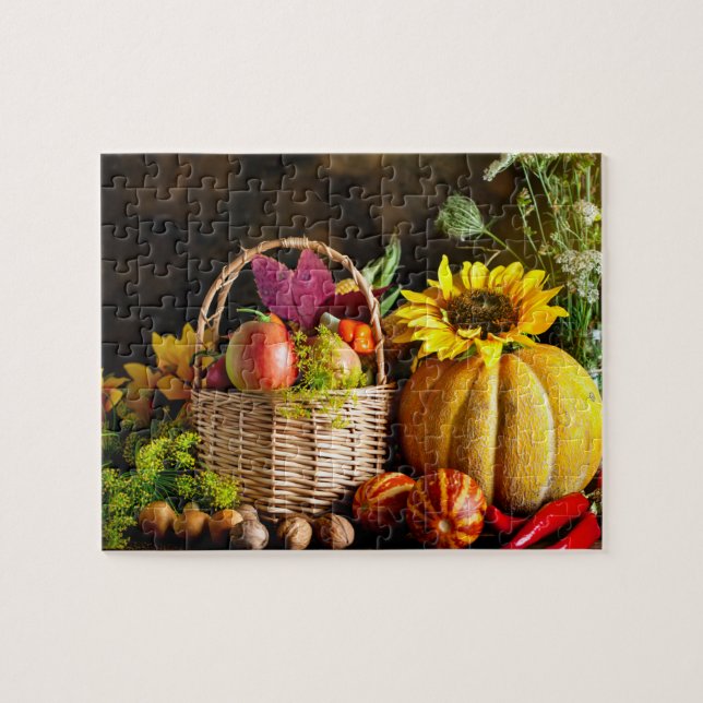 Rustic Autumn Harvest Flowers Pumpkin Jigsaw Puzzle (Horizontal)