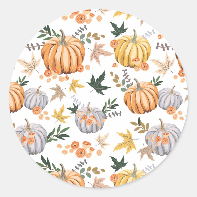 Rustic Autumn Harvest Pumpkin Pattern Thanksgiving Classic Round Sticker (Front)
