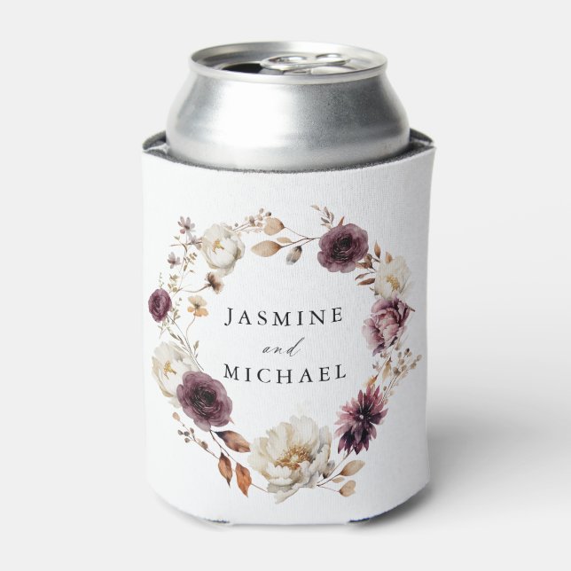 Rustic Autumn Ivory and Marsala Floral Wedding Can Cooler (Can Front)