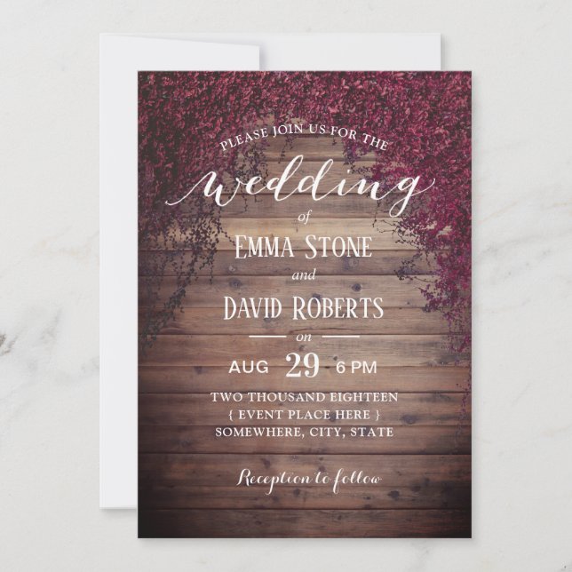 Rustic Autumn Ivy Leaves Barn Wooden Fall Wedding Invitation (Front)