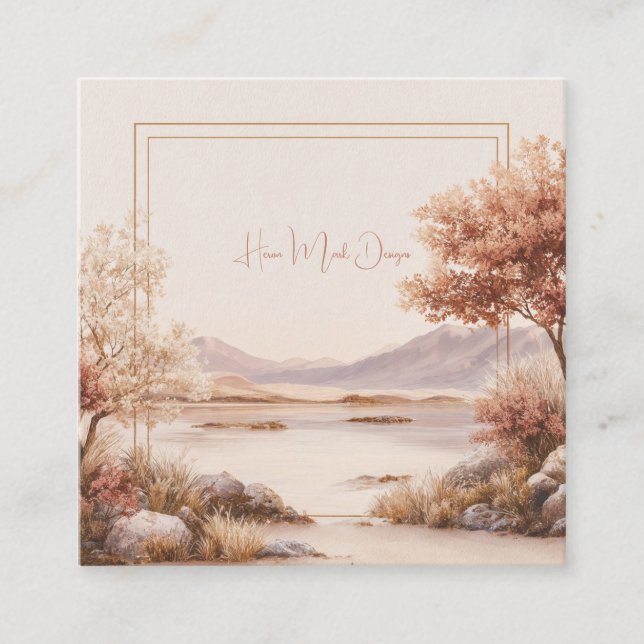 Rustic Autumn Lake Mountain Gold Frame Square Business Card (Front)