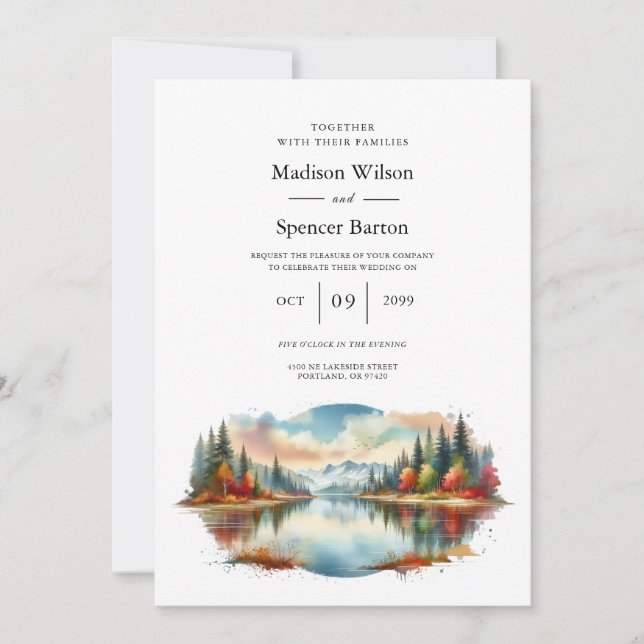 Rustic Autumn Lakeside Forest Wedding Invitation (Front)