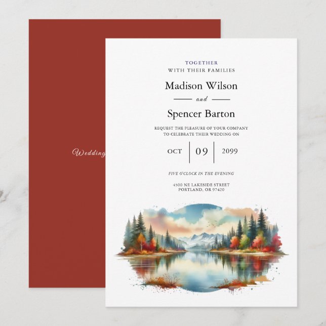 Rustic Autumn Lakeside Forest Wedding Invitation (Front/Back)