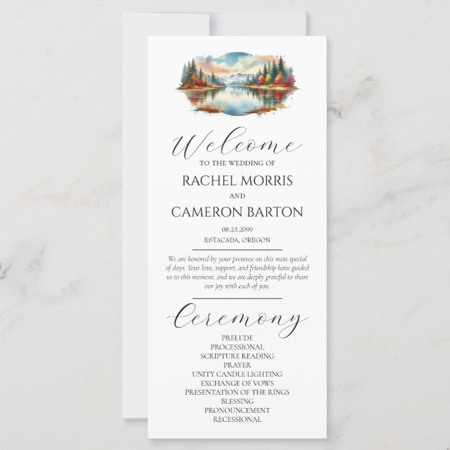 Rustic Autumn Lakeside Forest Wedding Program (Front)