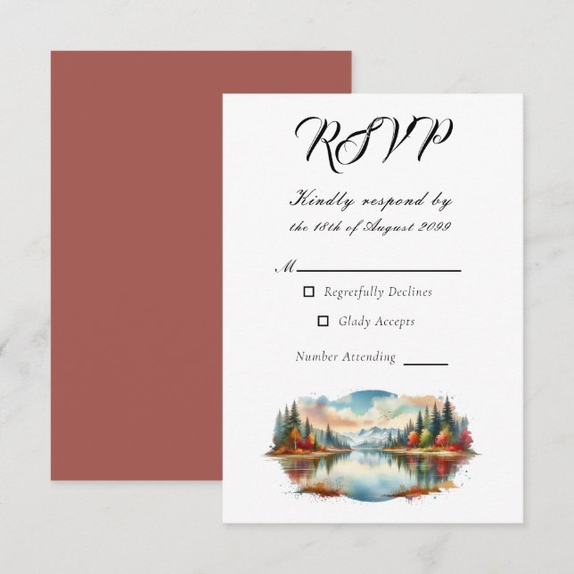 Rustic Autumn Lakeside Forest Wedding RSVP Card (Front/Back)