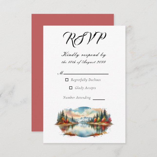 Rustic Autumn Lakeside Forest Wedding RSVP Card (Front/Back)