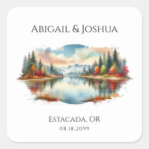 Rustic Autumn Lakeside Forest Wedding  Square Sticker