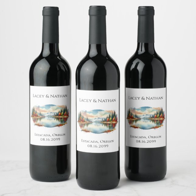 Rustic Autumn Lakeside Forest Wedding Wine Label (Bottles)