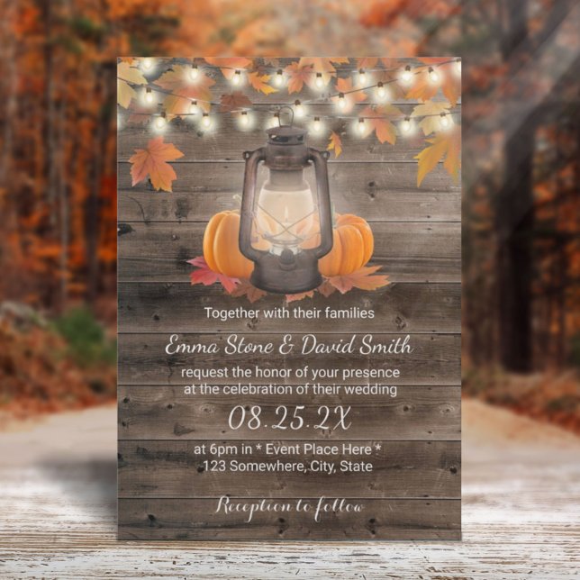 Rustic Autumn Lantern & Pumpkins Fall Wedding  Invitation (Creator Uploaded)
