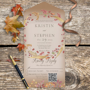 Rustic Autumn Leaf & Berry Wreath Brown QR Code All In One Invitation