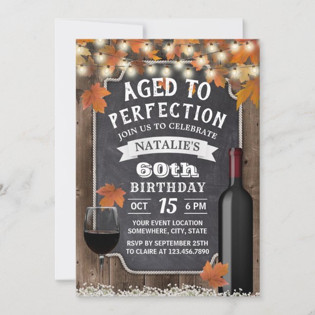 Rustic Autumn Leaves 60th Birthday Wine Party Invitation (Front)