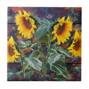 Rustic Autumn Leaves and Sunflowers Tile