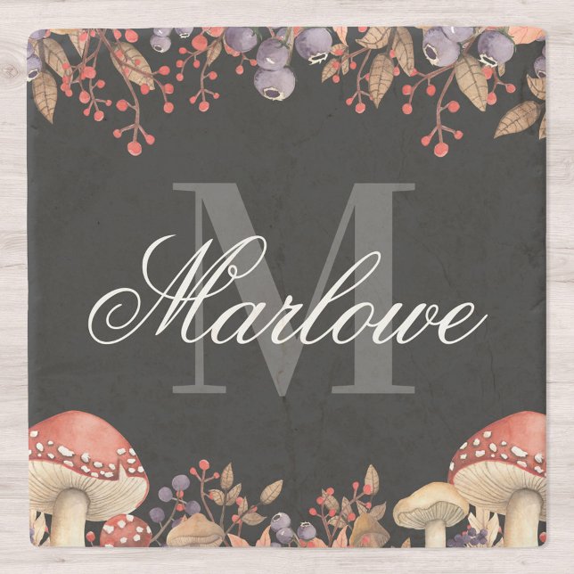 Rustic Autumn Leaves Black White Monogram Stone Coaster (Creator Uploaded)