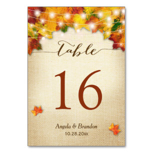 Rustic Autumn Leaves Burlap Wedding Table Number