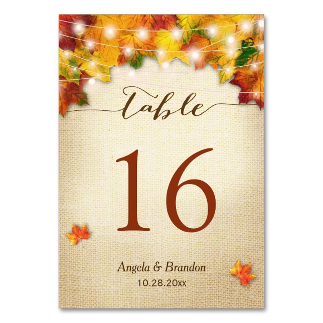 Rustic Autumn Leaves Burlap Wedding Table Number (Front)
