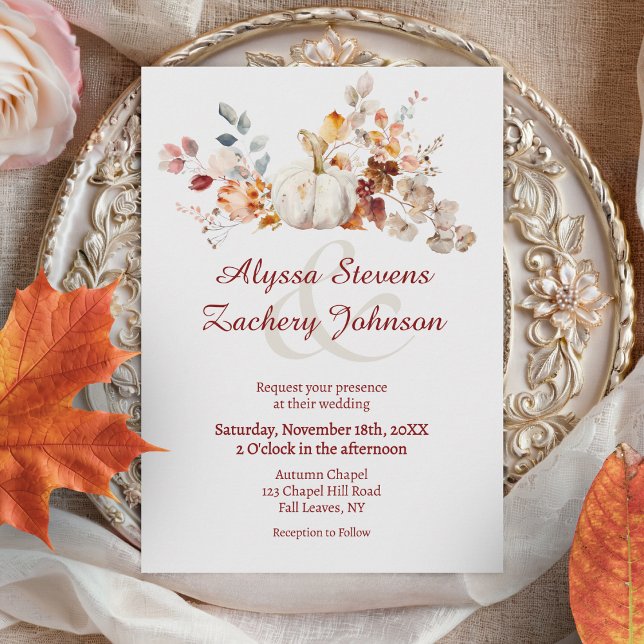 Rustic Autumn Leaves Fall Pumpkin Wedding Invitation (White Pumpkin Autumn Leaves Fall Wedding Invitation)