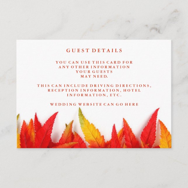 Rustic Autumn Leaves Fall Wedding Guest Details Enclosure Card (Front)